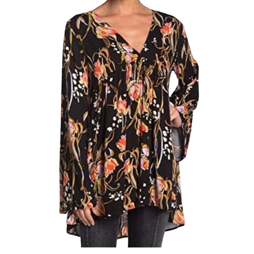 Free‎ People Black Floral Bella Blouse-size Medium - Picture 3 of 8